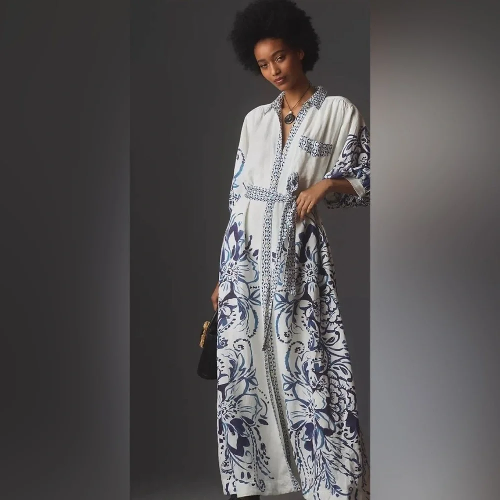 Anthropologie The Irene Linen Shirt Dress Button Front Belted Floral Blue - Picture 1 of 10